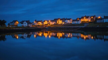 Obraz premium Nightfall Serenity: Coastal Village Reflection