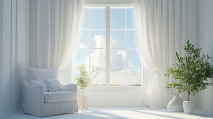 Serene White Room with Sunlight Streaming Through Sheer Curtains