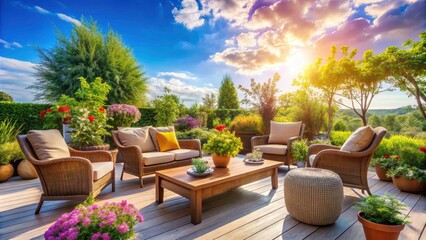 Obraz premium Cozy Patio with Stylish Chairs and Lush Greenery for Relaxation and Outdoor Living