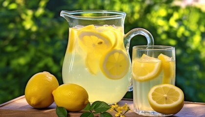 Refreshing pitcher of homemade lemonade garnished with fresh lemon slices and vibrant greenery in the background, perfect for summer enjoyment