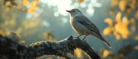 Obraz premium Small bird perched on a branch in soft sunlight, autumn leaves blurred background.