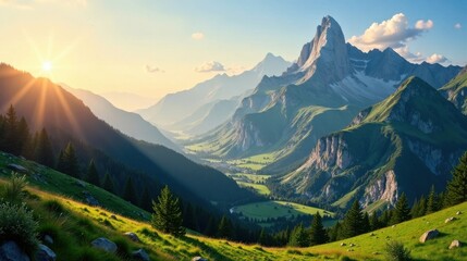 Fototapeta premium Golden Hour Rays Illuminate Majestic Mountain Valley Panorama