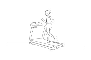 Woman running on treadmill continuous line drawing. Treadmill outline vector isolated on white background