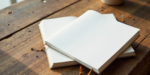 Fototapeta premium Two blank notebooks rest on a rustic wooden surface bathed in sunlight