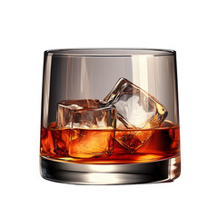 amber whiskey in rocks glass with ice cubes on white background