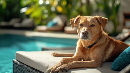 Relaxed brown canine sunbathing on poolside lounger, basking in warm summer rays with carefree leisure