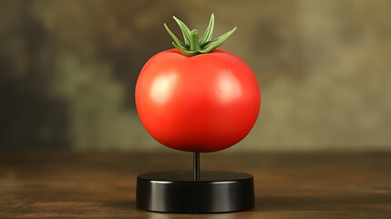 A plastic tomato model is displayed on a stand in the photograph