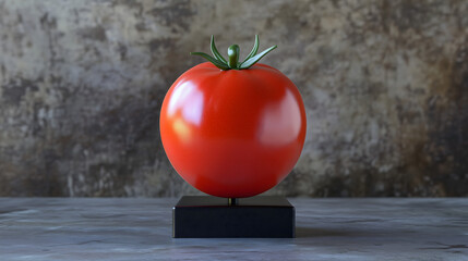 A plastic tomato model is displayed on a stand in the photograph