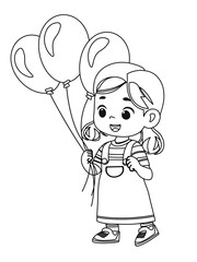 happy cute kid girl holding balloons outline coloring page	