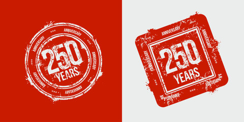Group of 250th anniversary logos drawn as stamps in red celebration frame. Grunge stamp texture. Holiday stamps. Postage stamp collection. Vector round and rectangular stamps