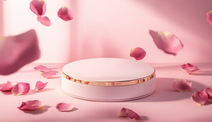 Pink Podium with Rose Petals: A delicate and elegant photo of a white podium with a gold trim,  , Concept for Valentine. bathed in soft, warm sunlight.