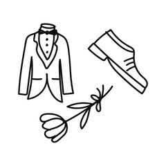 Hand-drawn chalk icon: retro and vintage wedding elements – men's jacket and shoes, flower. Doodle-style vector illustration with playful, handwritten design