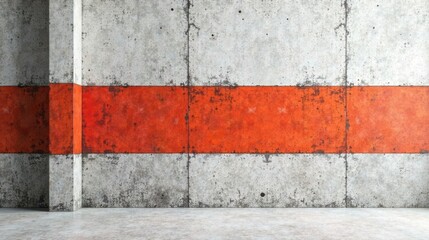 Fototapeta premium Rustic Concrete Wall with a Bold Orange Accent Band and Gray Floor Ideal for Industrial Design Projects