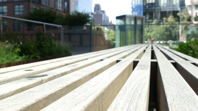 New York City High Line elevated greenway, Manhattan Midtown, USA. People in urban public park. Promenade in garden greenery. American street life, Chelsea highline near Hudson Yards. Wooden bench.