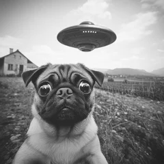 Fototapeten Curious pug stares at ufo in countryside setting © Lui Shtein