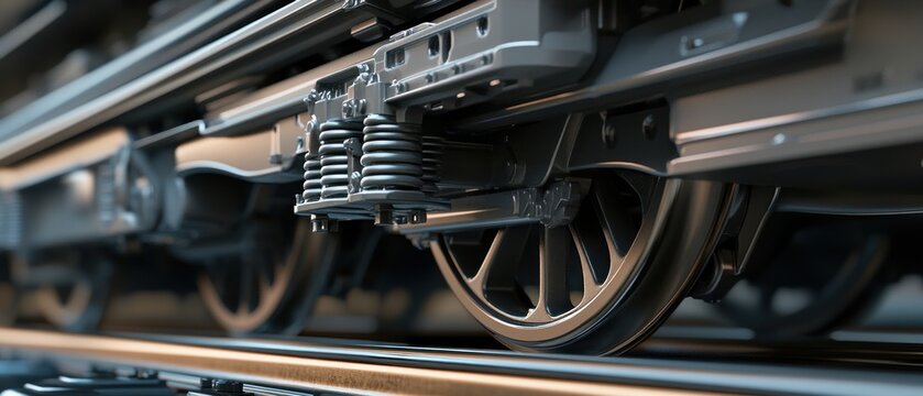 Close-up of train wheel assembly on tracks.