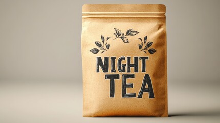 Kraft Paper Pouch of Night Tea, Minimalist Design on Light Gray Background, Relaxation Concept