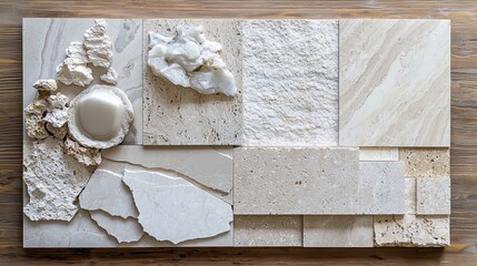 A material board with a mix of light grey marble, beige travertine, and soft white stone samples, each polished to perfection