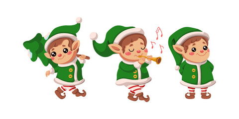 Fototapeta premium Cute Santa elves celebrating Christmas flat color vector icon set. Little people with fir tree flute and happy mood characters pack on white