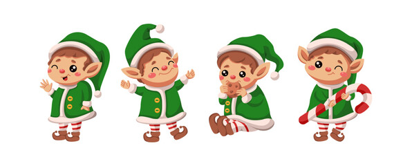 Playful Christmas elves different activities flat color vector icon set. New year festive atmosphere characters pack on white background