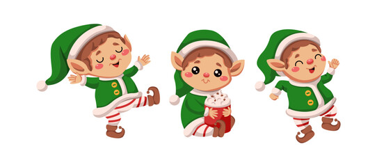 Happy Santa elves dancing and drinking cocoa flat color vector icon set. Fairy tale Christmas season atmosphere characters pack on white