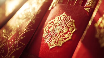 Close-Up of Traditional Red Envelopes with Intricate Gold Designs, Ready for Chinese New Year Celebrations