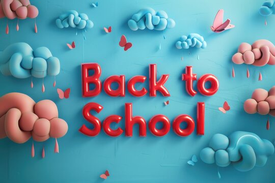 Colorful back-to-school themed artwork featuring playful clouds and butterflies on a bright blue background