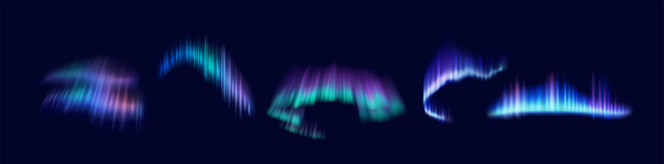 Northern lights stunning patterns realistic color icons set. Night sky illuminated with vibrant hues 3d objects bundle on dark background