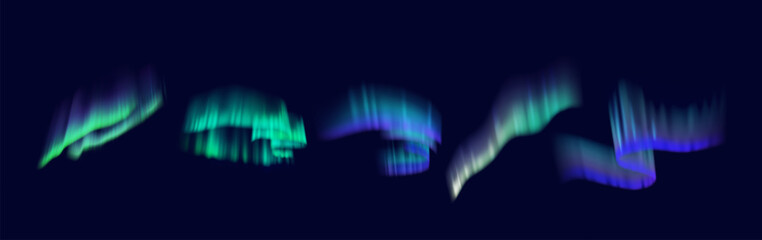 Northern lights aurora borealis in sky realistic color icons set. Mesmerizing natural phenomenon 3d objects bundle on dark background © ApoevArt