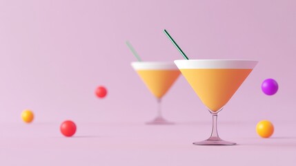 Two vibrant cocktails with straws sit on a pink background, surrounded by colorful balls, creating a fun and festive atmosphere.