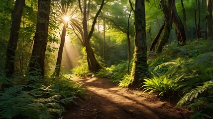 Fototapeta premium Realistic Forest Scene with Sunlit Path – Lush Greenery and Golden Sunrise