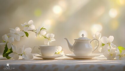 Fototapeta premium Vintage Tea Time Graceful Setting with Tea Set and Spring Blossoms, Bathed in Gentle Light