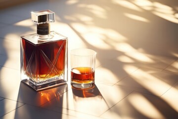 Decanter of amber liquid with a glass on a sunlit floor. Elegant crystal decanter and glass filled with spirits.