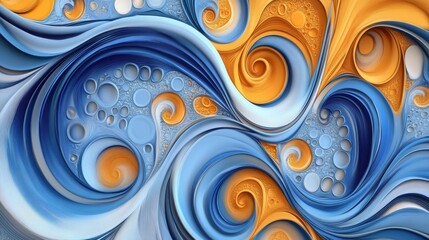 Swirling patterns of blue and orange intertwine, creating an abstract background full of movement. The design features circular shapes and fluid lines, evoking a sense of energy and creativity
