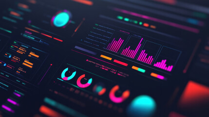 Obraz premium vibrant digital dashboard in 3D floating style features glowing charts and graphs, showcasing data visualization with neon colors. futuristic interface highlights analytics and technology