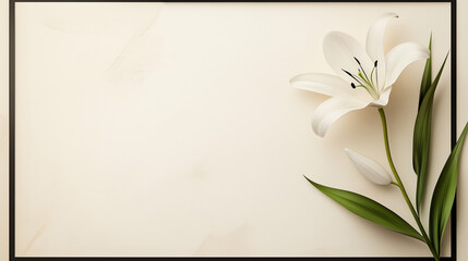 Funeral invitation design with a white lily and a decorative frame on a soft beige background, copy space