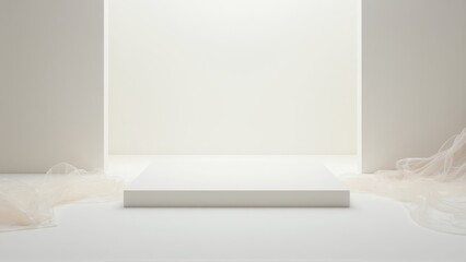 Elegant White Pedestal Display with Flowing Peach Fabric Draping