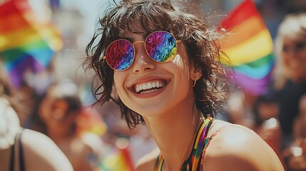 Celebrating pride colorful parade with rainbow flags in urban setting