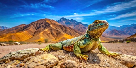 Fototapeta premium Panoramic View of Egyptian Mastigure in Natural Habitat Near Eilat, Israel - Stunning Desert Landscape with Wildlife, Reptiles, and Scenic Backdrop of Mountains and Clear Skies