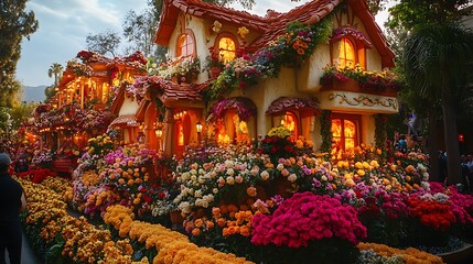Obraz premium Colorful flowering houses in garden enchanting landscape scene
