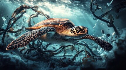 Fototapeta premium Ocean's Sorrow: A Sea Turtle's Plea Amidst Plastic Pollution