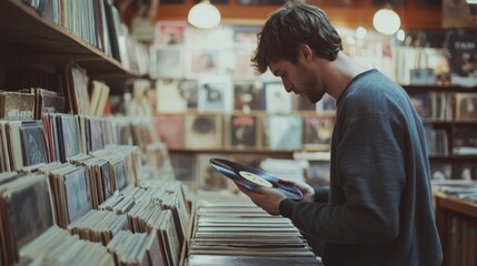 Young man browsing vinyl records in a record store.