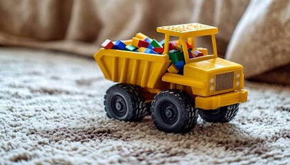 Bright yellow toy dump truck carrying colorful building blocks on a soft rug