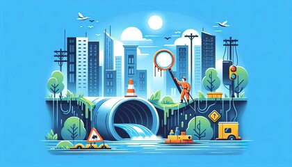 Environmental engineer inspecting polluted water flowing from large pipe into river in city setting