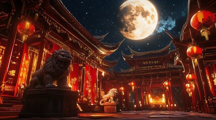 Decorated Temple with Lion Statues, Red and Gold Banners, and Festive Lanterns