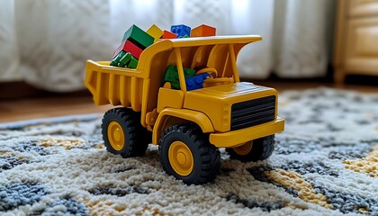 Bright yellow toy dump truck carrying colorful building blocks on a soft rug