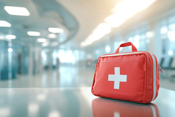 A red medical bag on a table with a hospital background, a white cross and space for text copy area.