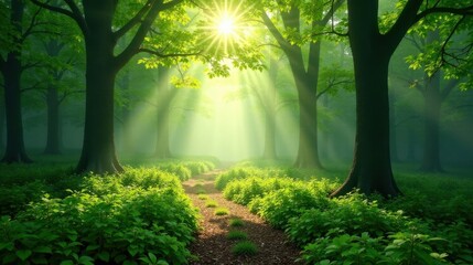 Obraz premium Sunlit Path Through Misty Green Forest with Lush Undergrowth