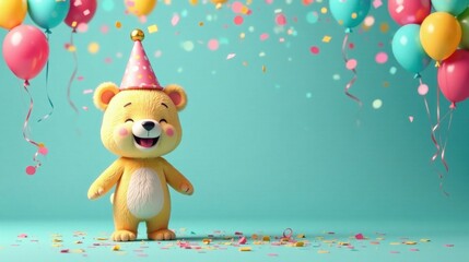 Fototapeta premium A cheerful teddy bear wearing a party hat amidst colorful balloons and confetti, celebrating a joyous occasion