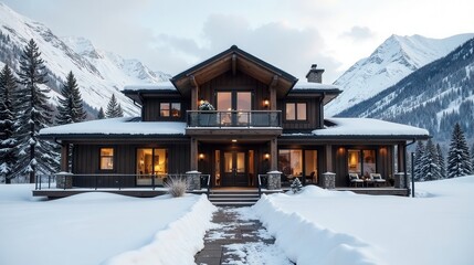Fototapeta premium Rustic mountain lodge nestled in a snowy landscape, featuring expansive windows and a spacious deck overlooking breathtaking winter scenery.